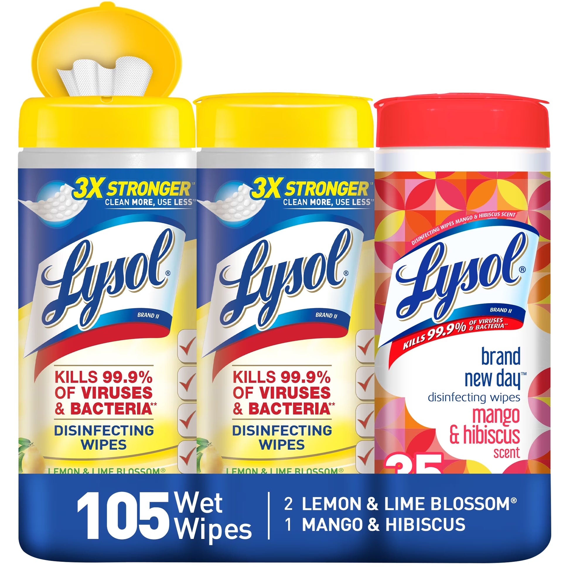 Disinfecting Wipes, 2 Lemon Lime & 1 Mango Hibiscus, 105Ct(3X35Ct), Brand New Day, Tested & Proven to Kill COVID-19 Virus