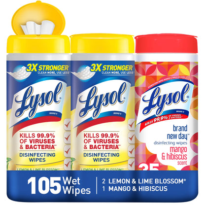 Disinfecting Wipes, 2 Lemon Lime & 1 Mango Hibiscus, 105Ct(3X35Ct), Brand New Day, Tested & Proven to Kill COVID-19 Virus